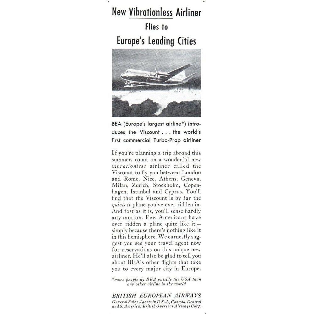 1953 BEA British European Airway Vickers Viscount Airplane Vintage Print Ad Art
